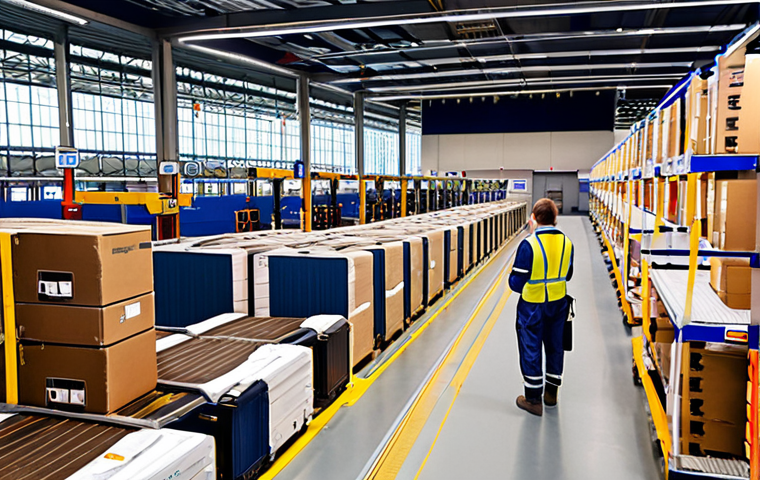 **
A bustling air cargo warehouse at Roissy Airport (Charles de Gaulle), showcasing goods being scanned and tracked via a blockchain-enabled mobile app. Emphasize the transparency and real-time visibility of the supply chain, with digital overlays displaying data points like location, temperature, and customs clearance status. Modern, clean, and efficient.
**