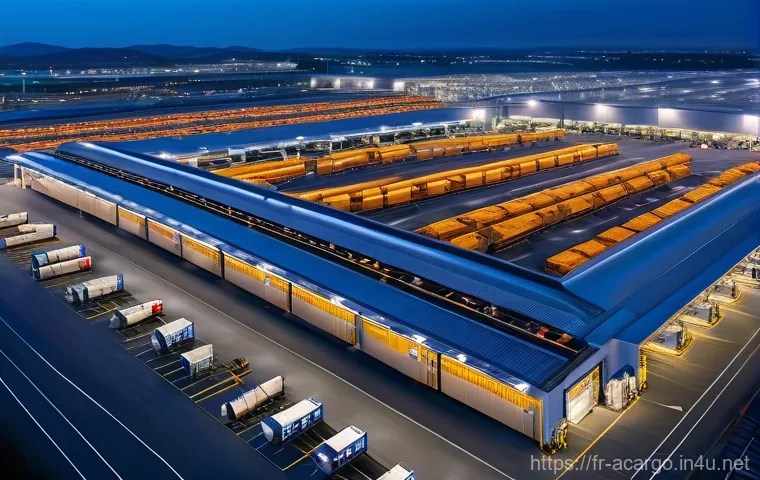 항공화물 산업의 역사와 진화 과정 - **Global Air Freight Hub at Peak Activity:** A vibrant, high-angle view of a vast, modern air freigh...