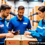 Home 21 항공화물 전문가 중점 과목 정리 - A highly detailed scene inside a modern air cargo warehouse in France, showcasing diverse profession...