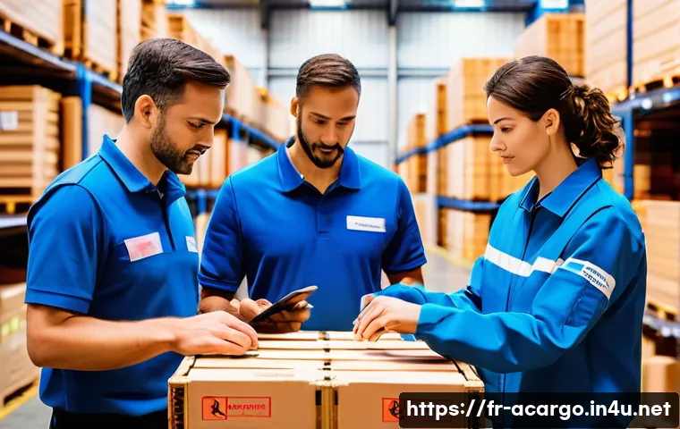 항공화물 전문가 중점 과목 정리 - A highly detailed scene inside a modern air cargo warehouse in France, showcasing diverse profession...