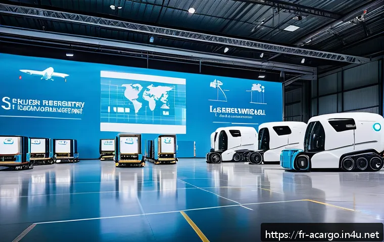 항공화물 관련 최신 기술 동향 - A modern, spacious air cargo warehouse with autonomous robots efficiently sorting and transporting p...